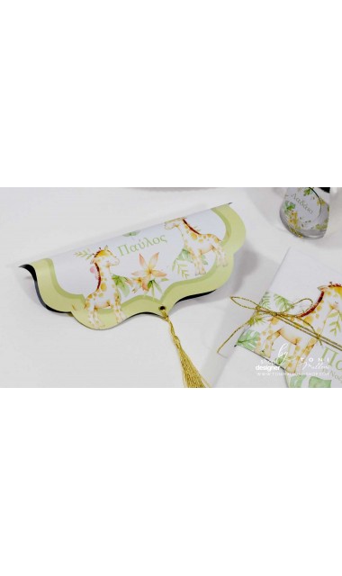 Trusou botez cu girafa si puiul ei cu frunze exotice de palmier si efecte watercolor Jungle Baby Giraffe 13